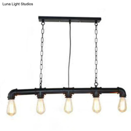 Retro Industrial Metal Tubular Island Pendant With Exposed Bulbs - 5-Light Lamp Black