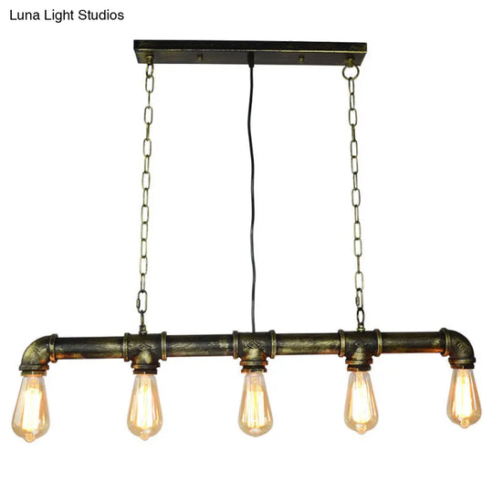 Retro Industrial Metal Tubular Island Pendant With Exposed Bulbs - 5-Light Lamp Bronze
