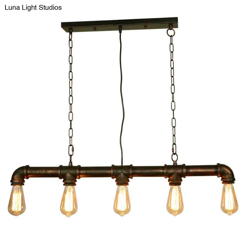 Retro Industrial Metal Tubular Island Pendant With Exposed Bulbs - 5-Light Lamp Rust