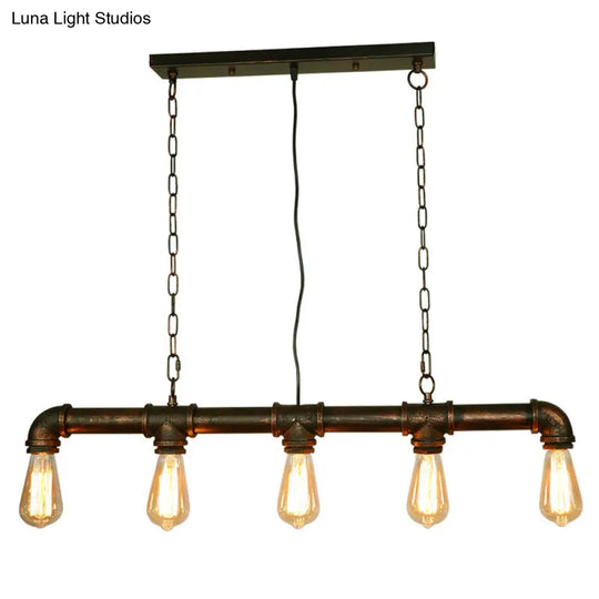 Retro Industrial Metal Tubular Island Pendant With Exposed Bulbs - 5-Light Lamp Rust