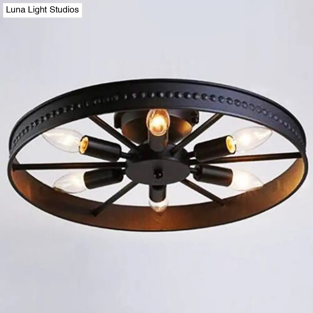 Retro Industrial Style Semi Flush Chandelier - 6 Light Metal Ceiling Mount For Living Room Black