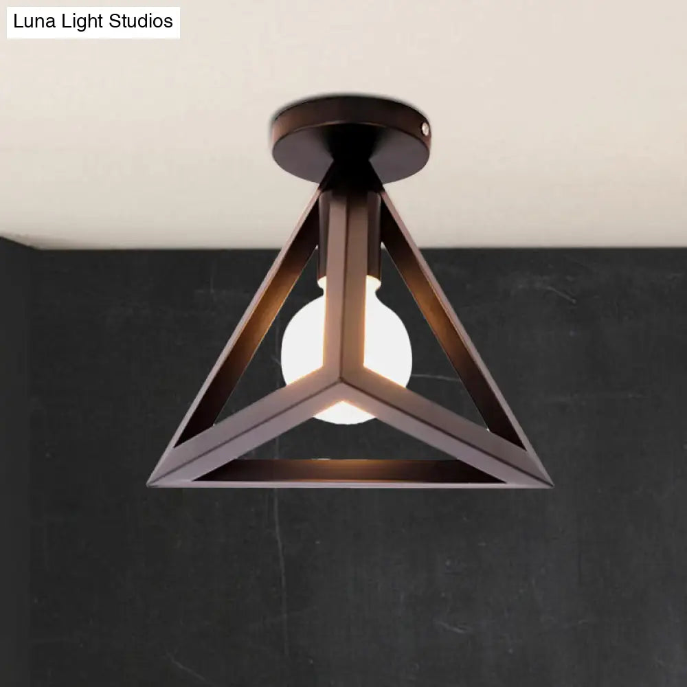 Retro Industrial Wire Cage Ceiling Light With Triangle Shade - 1 Head Metal Lamp In Black/Grey/White