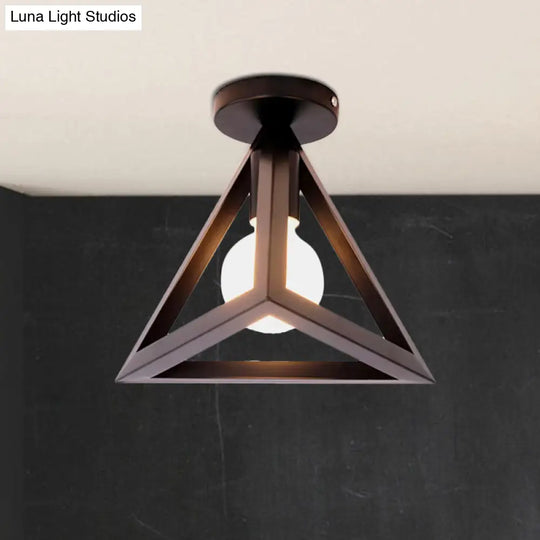 Retro Industrial Wire Cage Ceiling Light With Triangle Shade - 1 Head Metal Lamp In Black/Grey/White