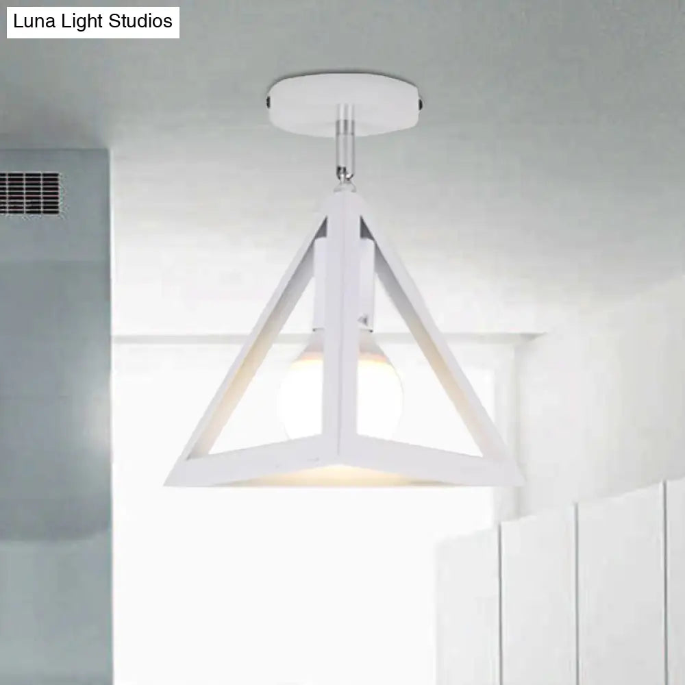 Retro Industrial Wire Cage Ceiling Light With Triangle Shade - 1 Head Metal Lamp In Black/Grey/White