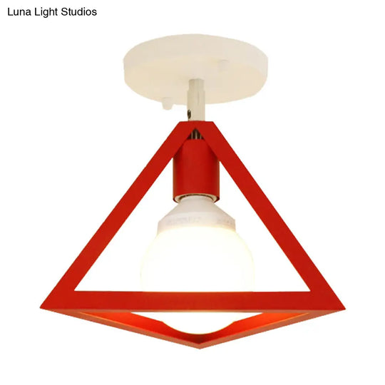 Retro Industrial Wire Cage Ceiling Light With Triangle Shade - 1 Head Metal Lamp In Black/Grey/White