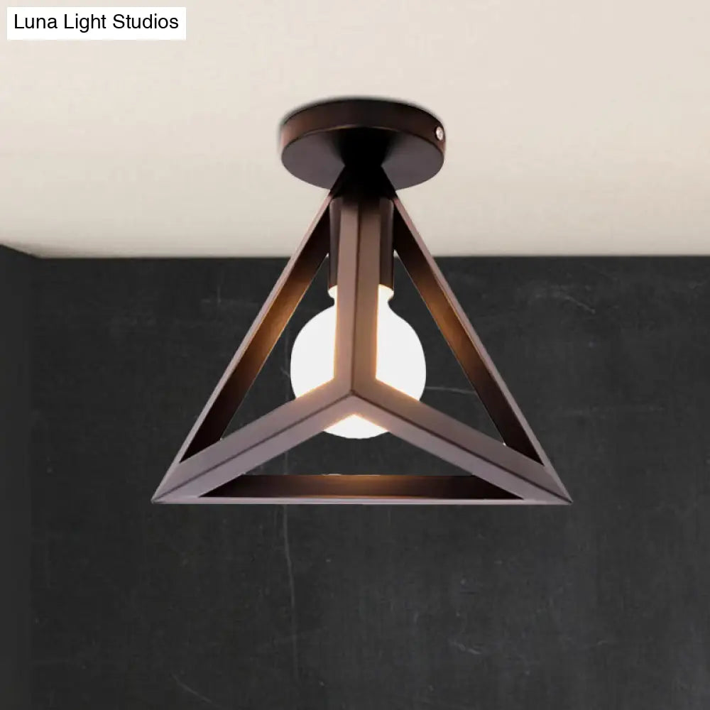 Retro Industrial Wire Cage Ceiling Light With Triangle Shade - 1 Head Metal Lamp In Black/Grey/White