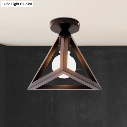 Retro Industrial Wire Cage Ceiling Light With Triangle Shade - 1 Head Metal Lamp In Black/Grey/White
