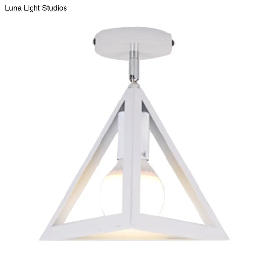 Retro Industrial Wire Cage Ceiling Light With Triangle Shade - 1 Head Metal Lamp In Black/Grey/White