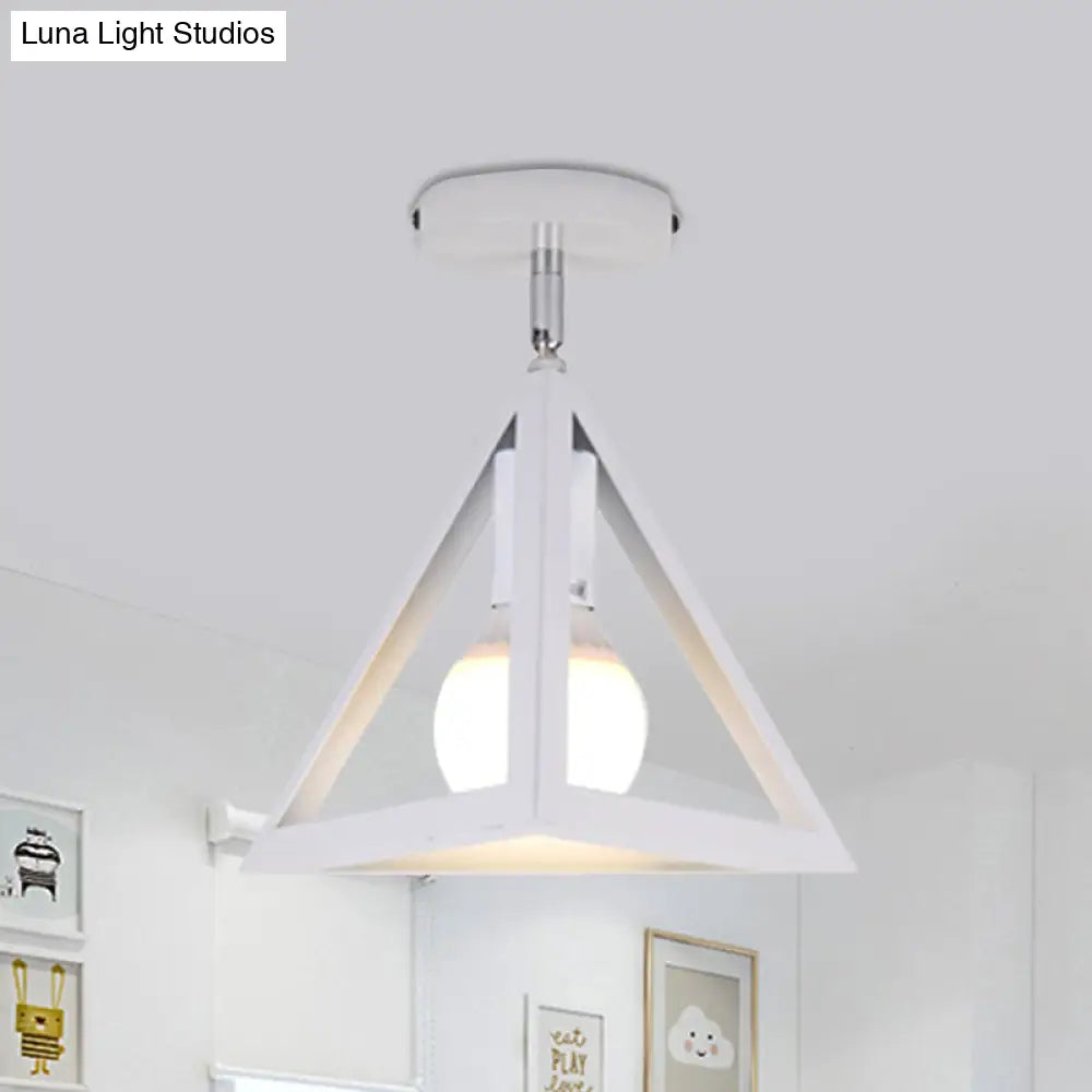Retro Industrial Wire Cage Ceiling Light With Triangle Shade - 1 Head Metal Lamp In Black/Grey/White