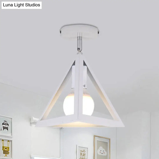 Retro Industrial Wire Cage Ceiling Light With Triangle Shade - 1 Head Metal Lamp In Black/Grey/White
