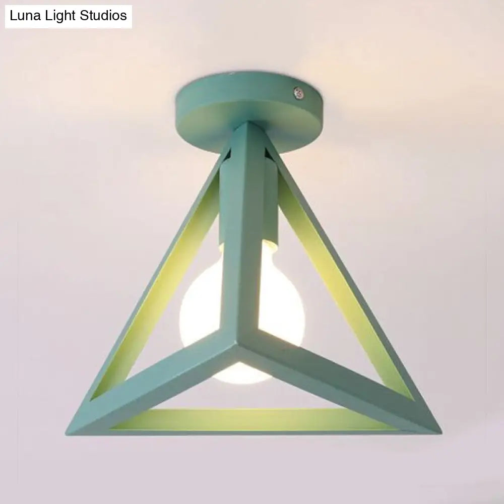 Retro Industrial Wire Cage Ceiling Light With Triangle Shade - 1 Head Metal Lamp In Black/Grey/White