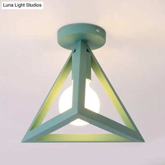 Retro Industrial Wire Cage Ceiling Light With Triangle Shade - 1 Head Metal Lamp In Black/Grey/White