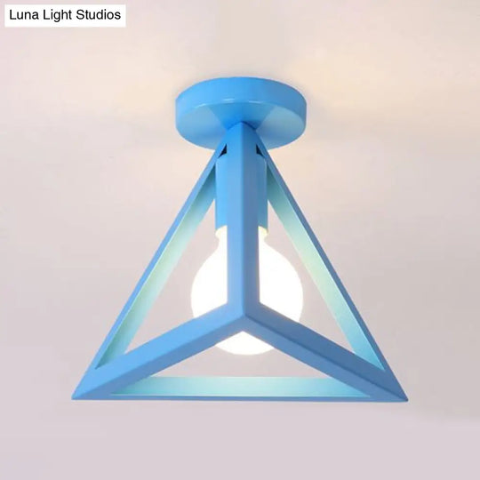 Retro Industrial Wire Cage Ceiling Light With Triangle Shade - 1 Head Metal Lamp In Black/Grey/White