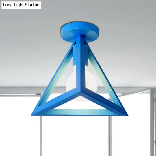 Retro Industrial Wire Cage Ceiling Light With Triangle Shade - 1 Head Metal Lamp In Black/Grey/White