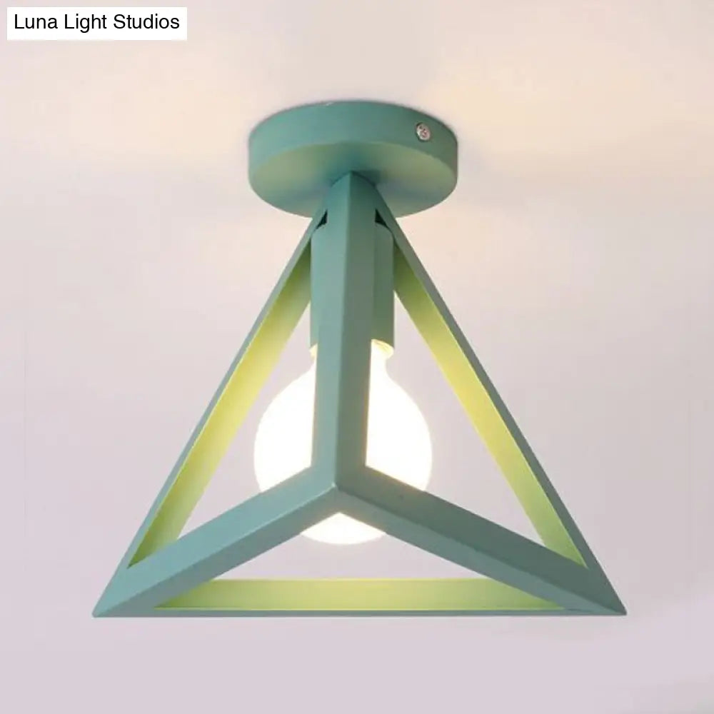 Retro Industrial Wire Cage Ceiling Light With Triangle Shade - 1 Head Metal Lamp In Black/Grey/White