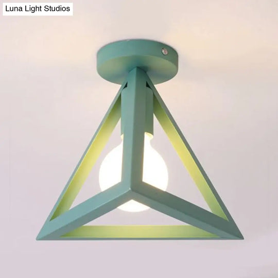Retro Industrial Wire Cage Ceiling Light With Triangle Shade - 1 Head Metal Lamp In Black/Grey/White