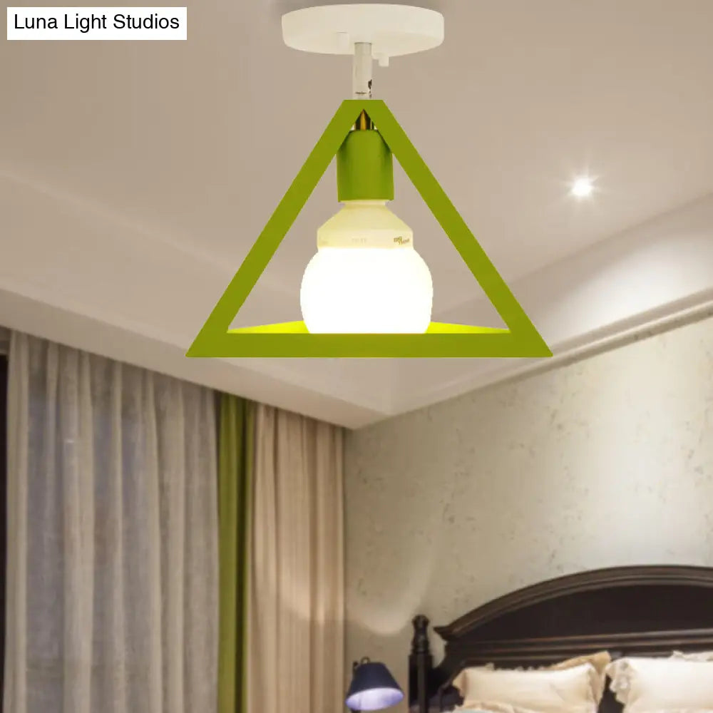 Retro Industrial Wire Cage Ceiling Light With Triangle Shade - 1 Head Metal Lamp In Black/Grey/White