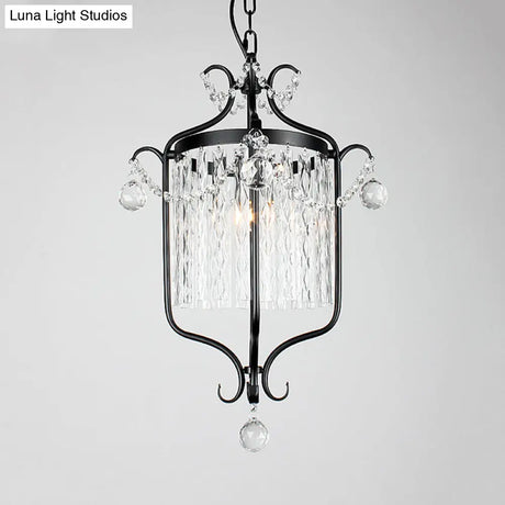 Retro Iron Pendant Light With Crystal Rod Drape - Scroll Frame Corridor Lamp (Black/White)