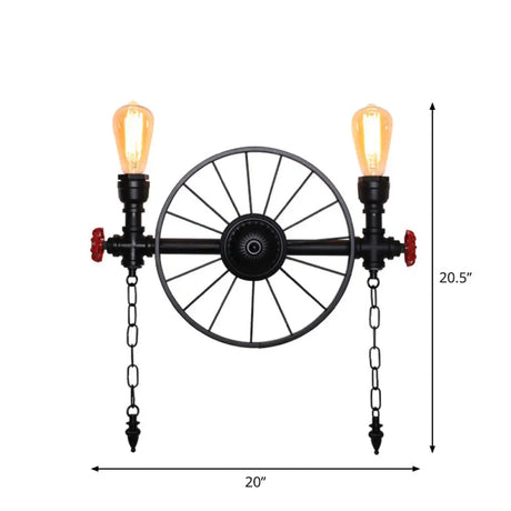 Retro Iron Piping Wall Light With Valve Decor For Wagon Wheel Restaurant In Black 2 /