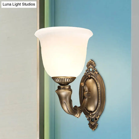 Retro Ivory Glass Bell Wall Lamp - Bronze 1-Bulb Sconce Light Fixture For Aisle