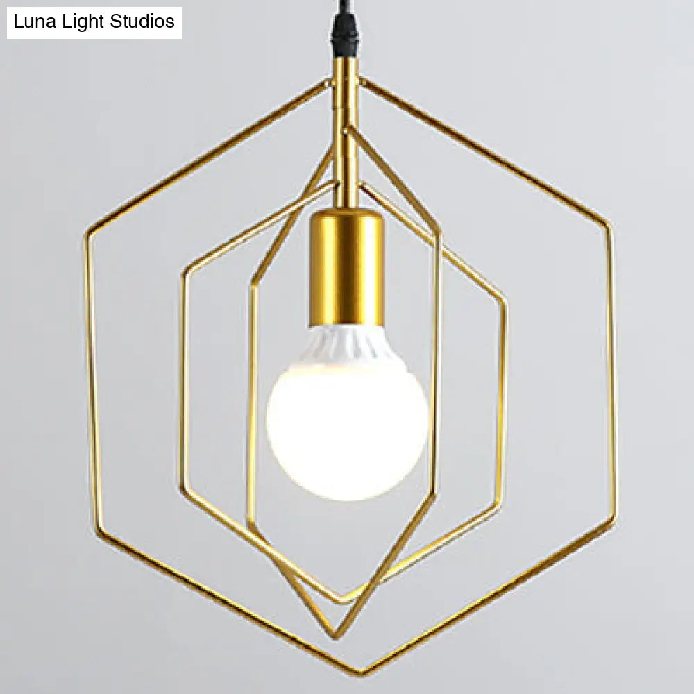 Retro Loft 3-Light Hexagon Metal Suspension Pendant In Gold