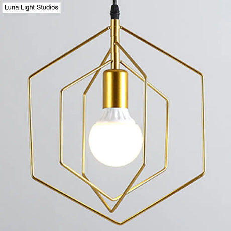 Retro Loft 3-Light Gold Hanging Pendant Light With Hexagon Metal Frame