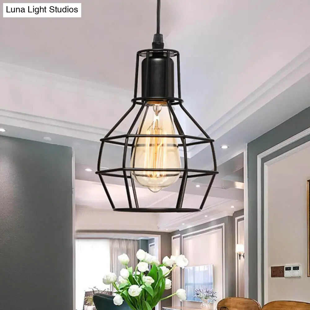 Retro Loft Black Metal Hanging Ceiling Light - 1 Bulb Plug In Suspension With Globe Cage Shade