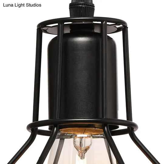 Retro Loft Black Metal Hanging Ceiling Light - 1 Bulb Plug In Suspension With Globe Cage Shade