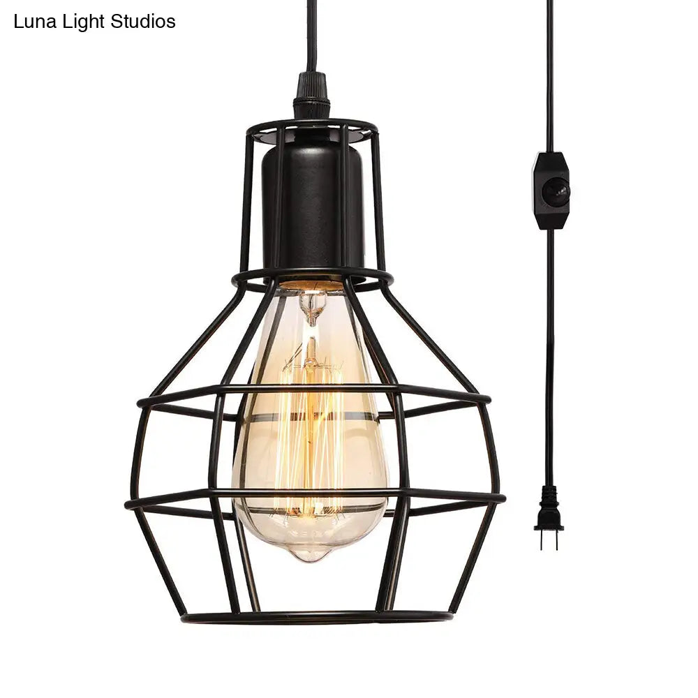 Retro Loft Black Metal Hanging Ceiling Light - 1 Bulb Plug In Suspension With Globe Cage Shade