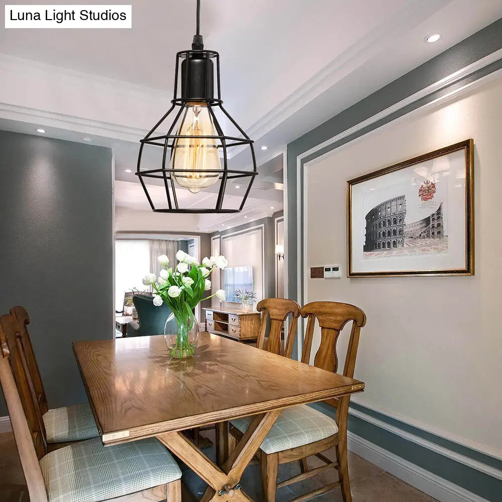 Retro Loft Black Metal Hanging Ceiling Light - 1 Bulb Plug In Suspension With Globe Cage Shade