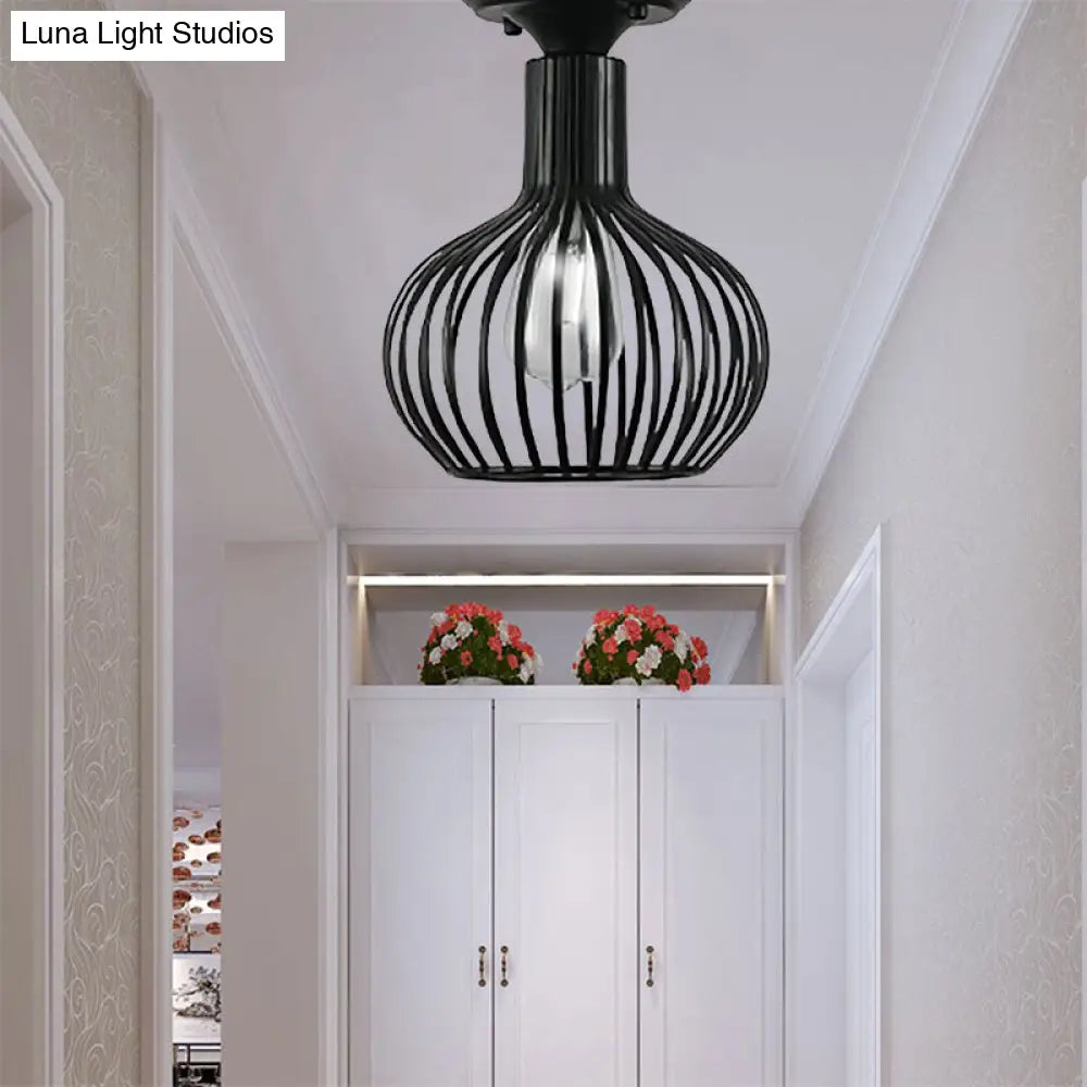 Retro Loft Globe/Pear Cage Ceiling Fixture - Metallic Semi-Flush Mount Light In Black For Hallway /