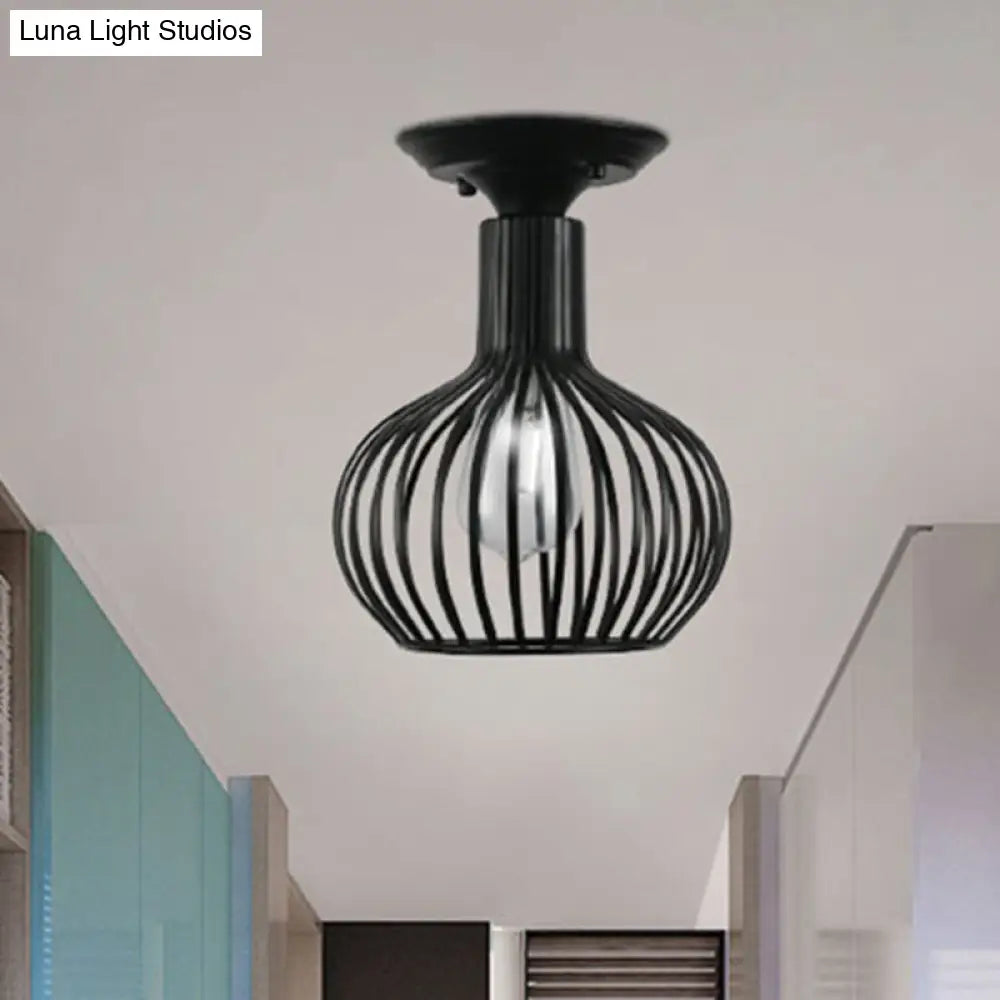 Retro Loft Globe/Pear Cage Ceiling Fixture - Metallic Semi-Flush Mount Light In Black For Hallway