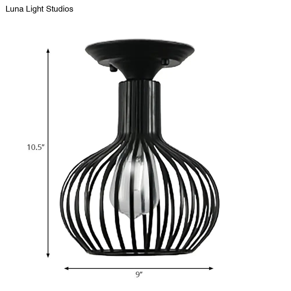 Retro Loft Globe/Pear Cage Ceiling Fixture - Metallic Semi-Flush Mount Light In Black For Hallway