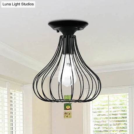 Retro Loft Globe/Pear Cage Ceiling Fixture - Metallic Semi-Flush Mount Light In Black For Hallway