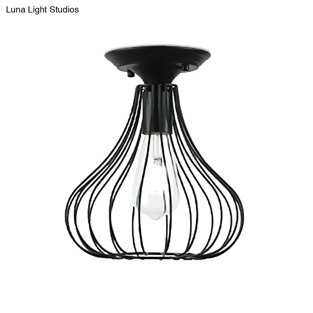Retro Loft Globe/Pear Cage Ceiling Fixture - Metallic Semi-Flush Mount Light In Black For Hallway