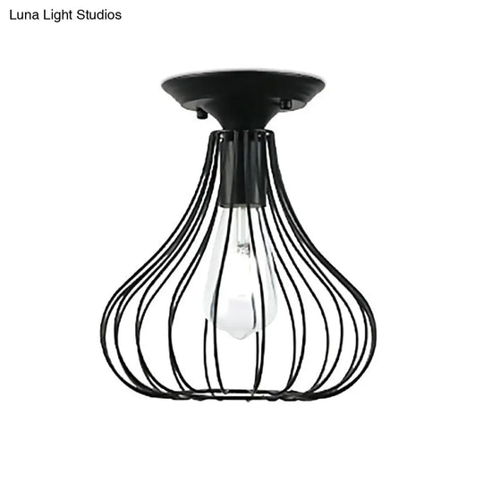 Retro Loft Globe/Pear Cage Ceiling Fixture - Metallic Semi-Flush Mount Light In Black For Hallway