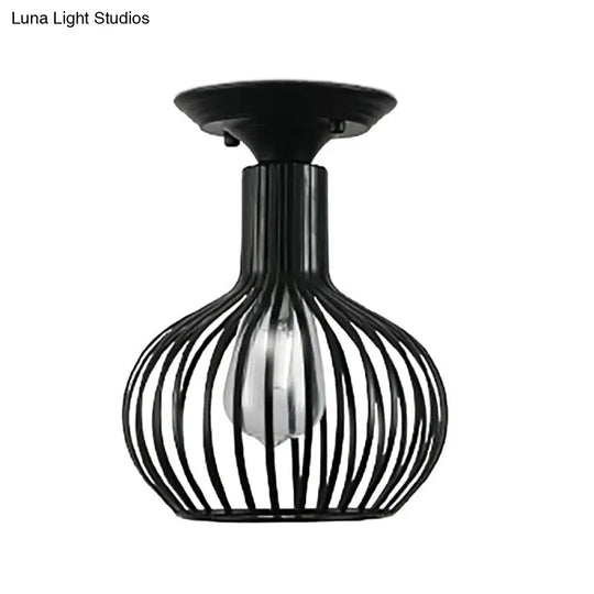 Retro Loft Globe/Pear Cage Ceiling Fixture - Metallic Semi-Flush Mount Light In Black For Hallway