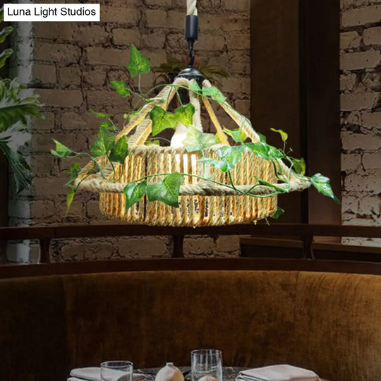 Retro Metal Pendant Light With Yellow Led And Plant Decor - Perfect For House Restaurant Ceilings