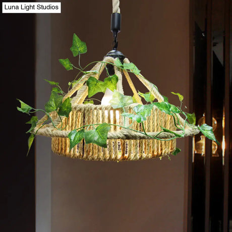 Retro Metal 1-Head Yellow Led Pendant Ceiling Light With Plant Decor - House Restaurant