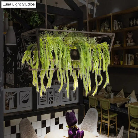 Retro Metal 2-Headed Black Led Drop Lamp For Restaurant Island Ceiling - Trapezoid Design With Plant