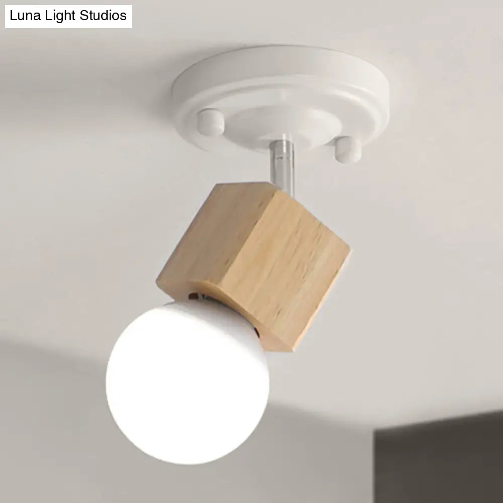 Retro Metal And Wood Exposed Ceiling Mounted Light - White Finish | 1 Head Adjustable Semi Flush For