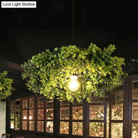 Retro Metal Ceiling Light With Exposed Bulb And Plant Decor - Black Finish