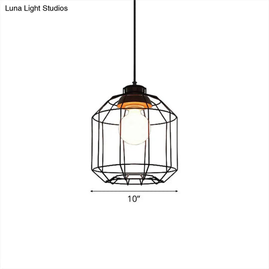 Vintage Black Hanging Pendant Light With Metal Cage Shade For Bedroom - Retro Style Lamp