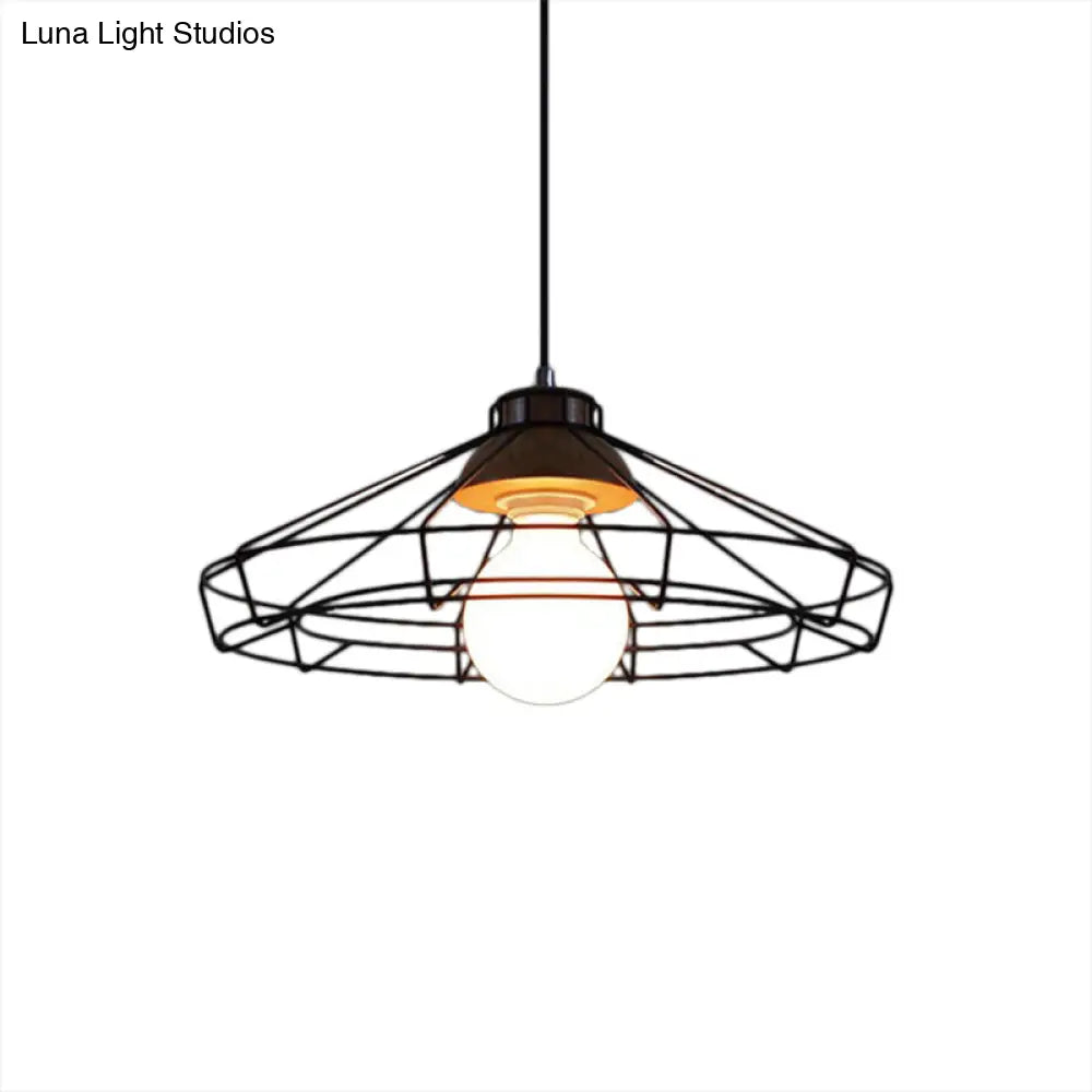 Retro Metal Pendant Light With Barrel/Cylinder Cage Shade - Bedroom Hanging Lamp In Black