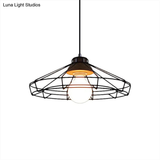Retro Metal Pendant Light With Barrel/Cylinder Cage Shade - Bedroom Hanging Lamp In Black