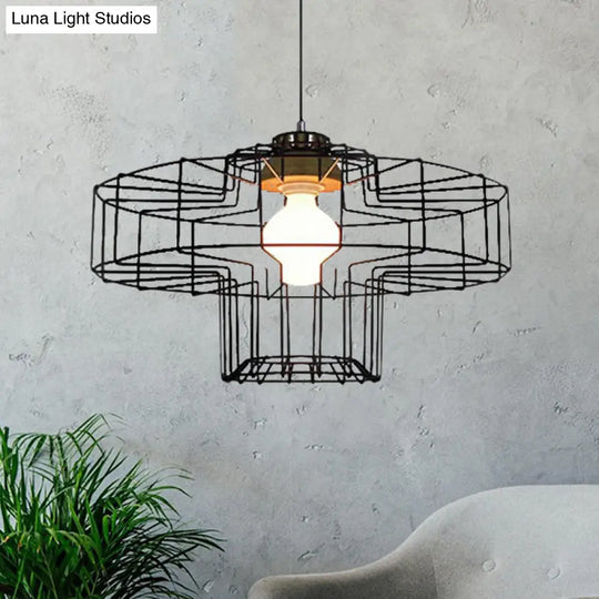 Retro Metal Pendant Light With Barrel/Cylinder Cage Shade - Bedroom Hanging Lamp In Black