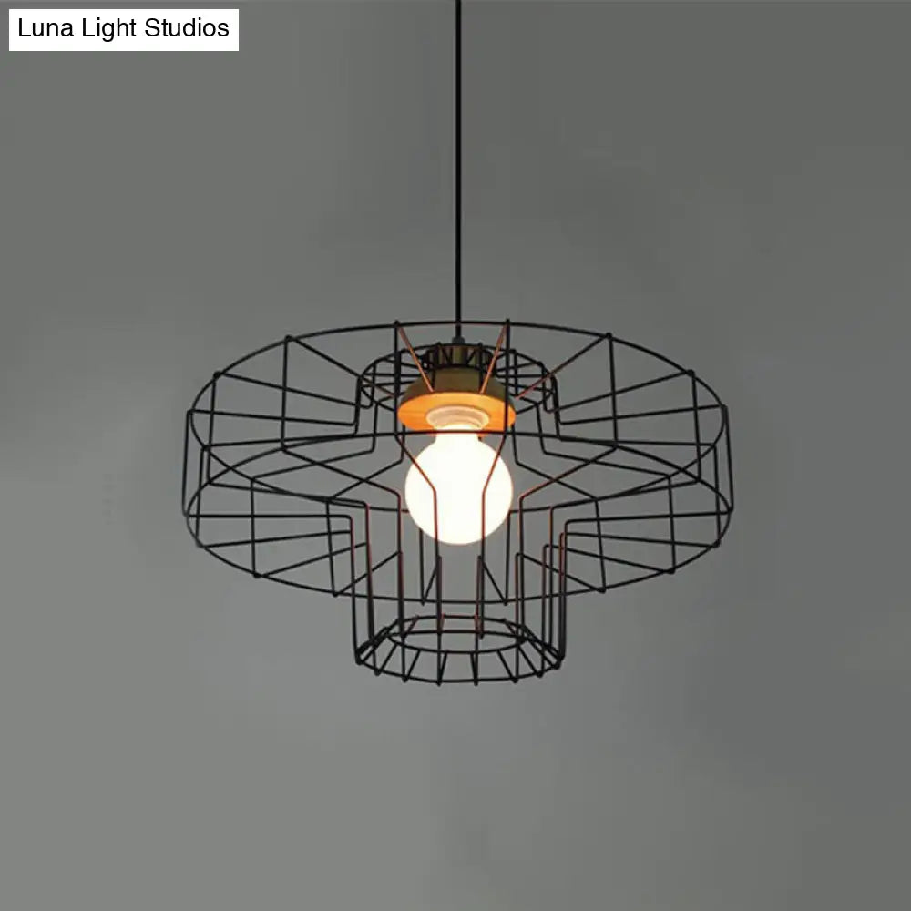Vintage Black Hanging Pendant Light With Metal Cage Shade For Bedroom - Retro Style Lamp