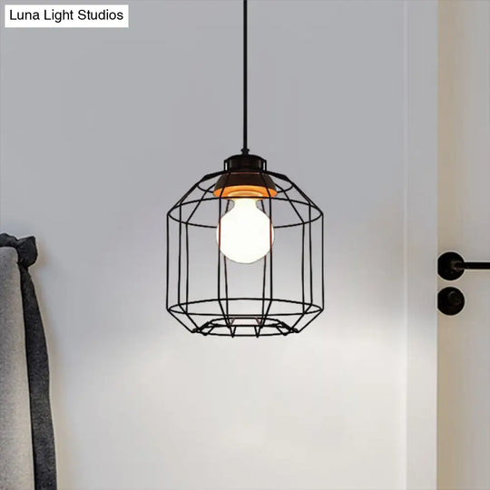 Vintage Black Hanging Pendant Light With Metal Cage Shade For Bedroom - Retro Style Lamp
