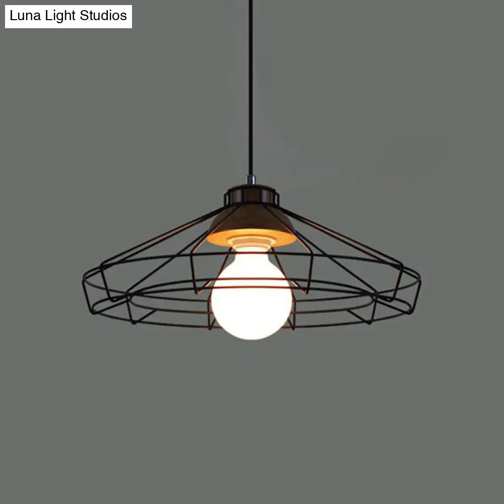Vintage Black Hanging Pendant Light With Metal Cage Shade For Bedroom - Retro Style Lamp