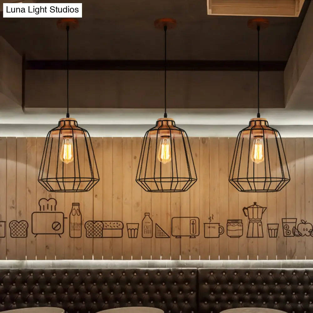 Retro Metal Pendant Light With Barrel/Cylinder Cage Shade - Bedroom Hanging Lamp In Black